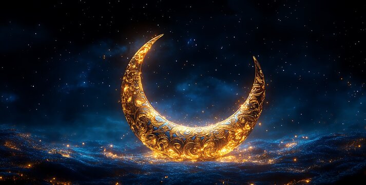 Luminous Crescent Moon in a Starry Night Sky with Soft Clouds

