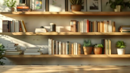 Wooden table surface with blurred cozy home library background featuring bookshelves decorated with potted plants and natural sunlight perfect for product display or mockup presentation.