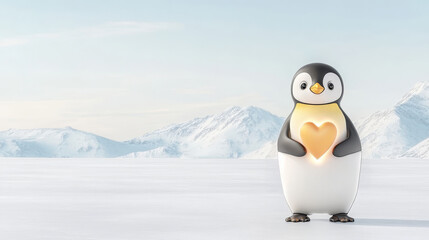 Fototapeta premium Penguin Holding Heart in Snowy Landscape - Adorable penguin holding a golden heart in a serene snowy mountain landscape. Perfect for Valentine's Day, winter, or nature themes.