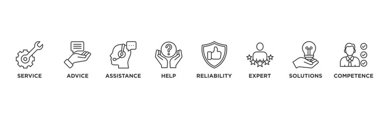 Support banner web icon vector illustration concept with icon of service, advice, assistance, help, reliability, expert, solutions and competence	