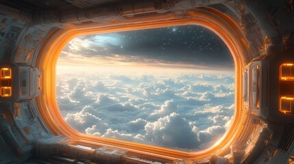 Fototapeta premium A futuristic spacecraft interior featuring a large window that frames a view of Earth from space.