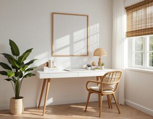 Mockup frame in cozy Scandinavian home office interior with minimalist modern workplace setup, 3d render.