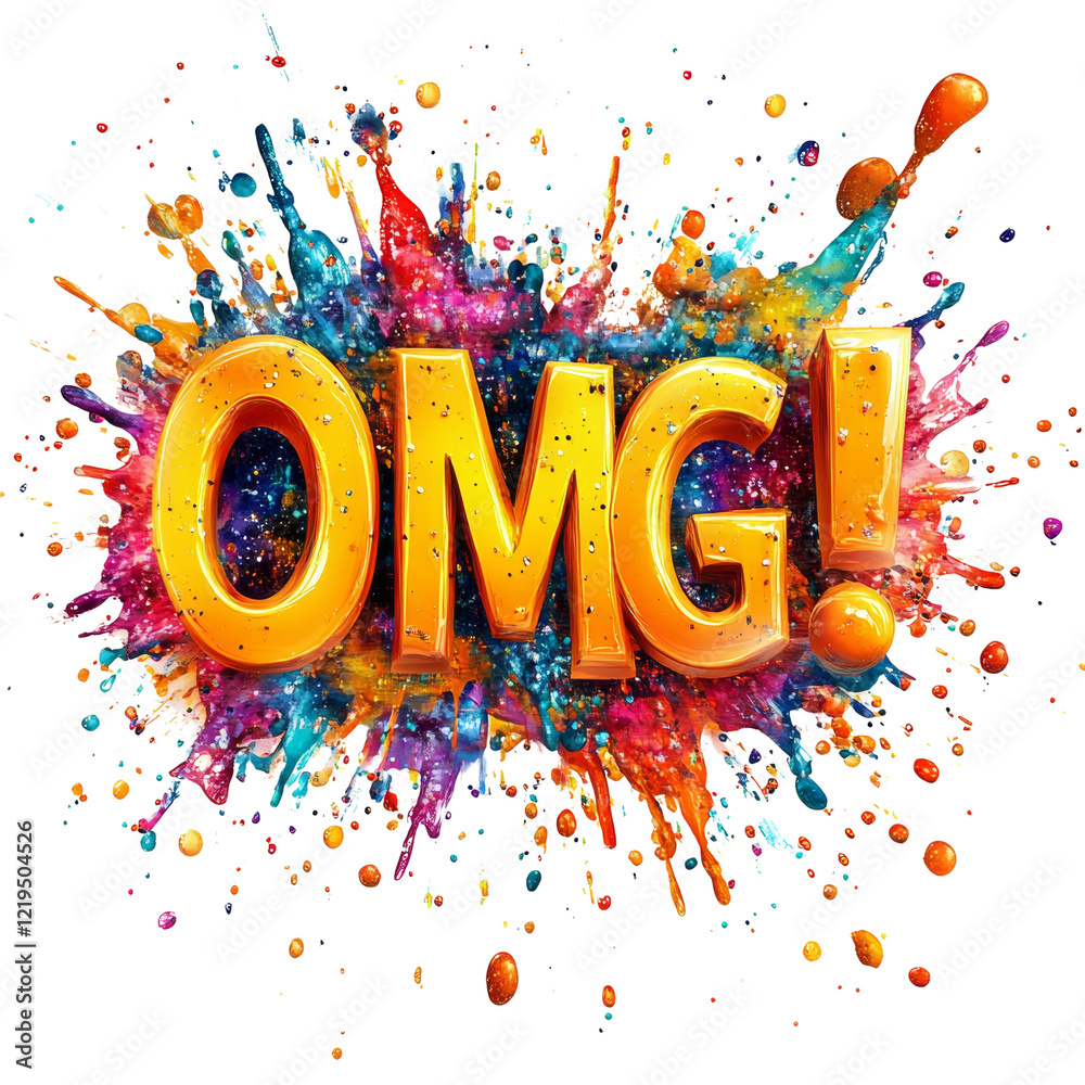 Poster A 3D rendered image showcasing the word OMG in shiny gold letters set against a vibrant background of a colorful paint explosion.