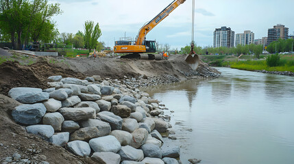 Riverbank Restoration Project: Excavator and Rocks