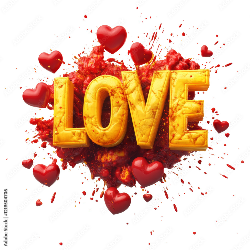 Poster A 3D rendering of the word LOVE in golden text surrounded by red hearts and red paint splashes against a black background.