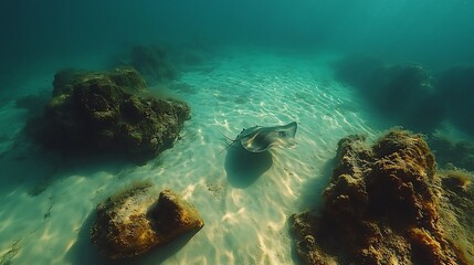 A stingray gliding over a sandy ocean floor in shallow waters