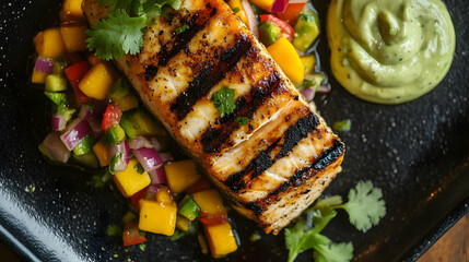 Grilled Salmon with Mango Salsa and Avocado Crema