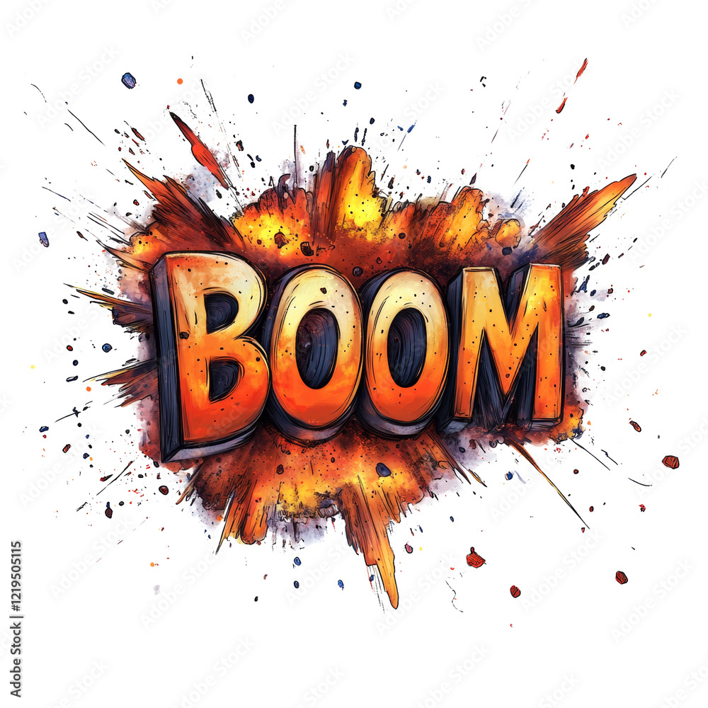 Aufkleber a stylized graphic design featuring the word boom within a fiery explosion effect, rendered in a com