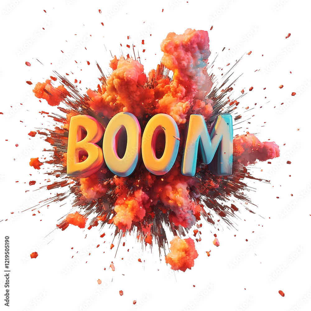 Poster a 3d rendered image depicting the word boom within a vibrant explosion of colorful smoke and debris.
