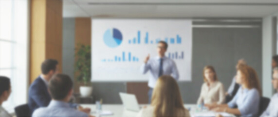 Blurred background of an office worker conducting a professional presentation with detailed infographics, wide