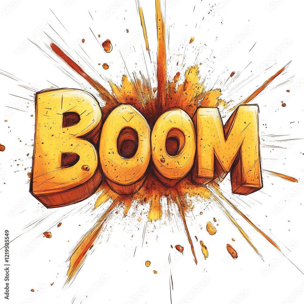 Poster a stylized graphic design depicting the word boom within a dynamic explosion of golden color and ene