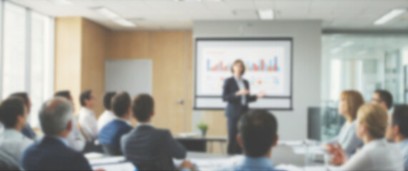 Blurred background of a focused presenter discussing team progress during a monthly review meeting, wide