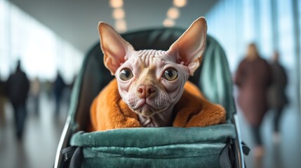 A close-up view of a Sphynx cat nestled in a plush stroller showcases its unique features, attracting attention in a light-filled, bustling event space populated by people.