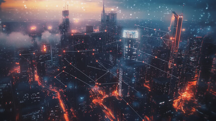 Naklejka premium Smart digital Innovation city with connection network reciprocity over the twilight cityscape. of future smart wireless digital city and social media networking systems that connects people with city 