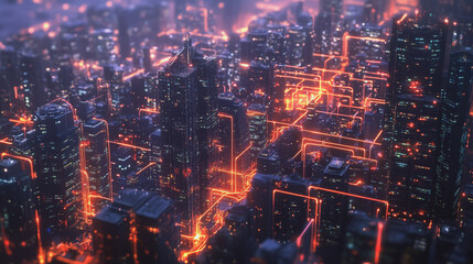 Obraz premium Smart digital Innovation city with connection network reciprocity over the twilight cityscape. of future smart wireless digital city and social media networking systems that connects people with city 