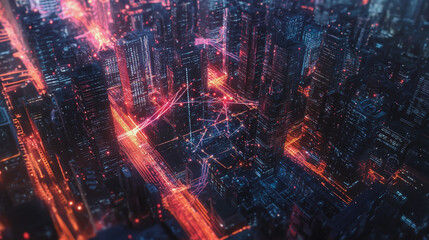 Naklejka premium Smart digital Innovation city with connection network reciprocity over the twilight cityscape. of future smart wireless digital city and social media networking systems that connects people with city 