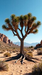 Joshua Tree with exposed roots growing in desert soil, geological formations, unique plants