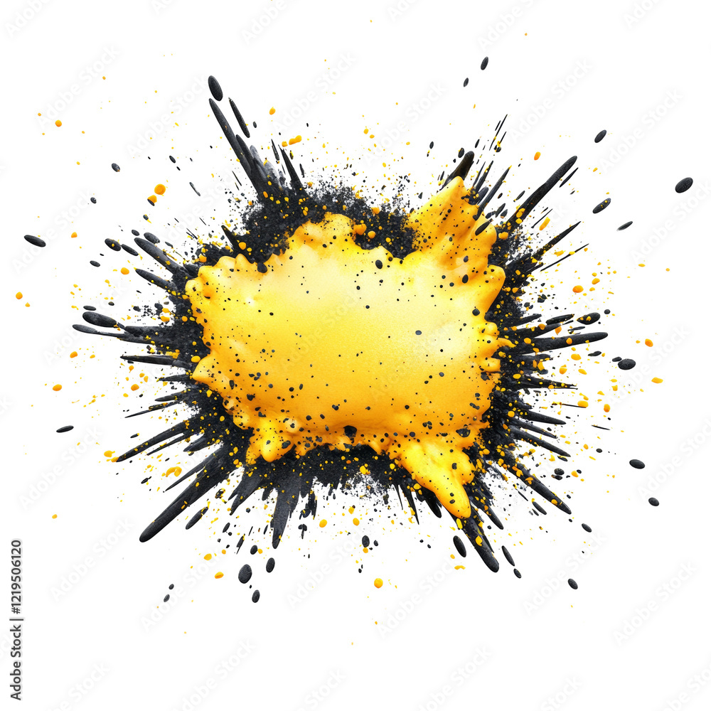 Poster a dynamic image depicting a vibrant yellow and black paint explosion with splatter details against a