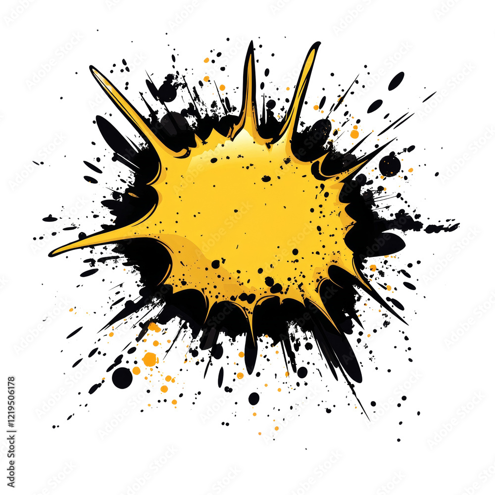 Poster an abstract image featuring a large yellow splatter against a black background with smaller black an