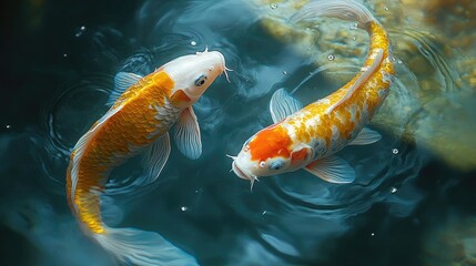 Three koi fish are depicted in a triptych format against a gradient background.