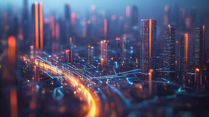 Fototapeta premium Smart digital Innovation city with connection network reciprocity over the twilight cityscape. of future smart wireless digital city and social media networking systems that connects people with city 