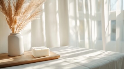 A cozy interior scene bathed in natural light, featuring soft textures like a sponge and dried flowers, creating a warm and inviting ambiance for relaxation or contemplation.