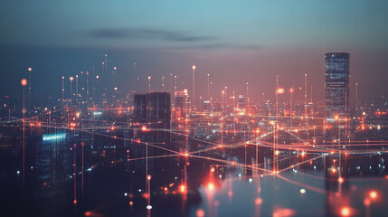 Smart digital Innovation city with connection network reciprocity over the twilight cityscape. of future smart wireless digital city and social media networking systems that connects people with city
