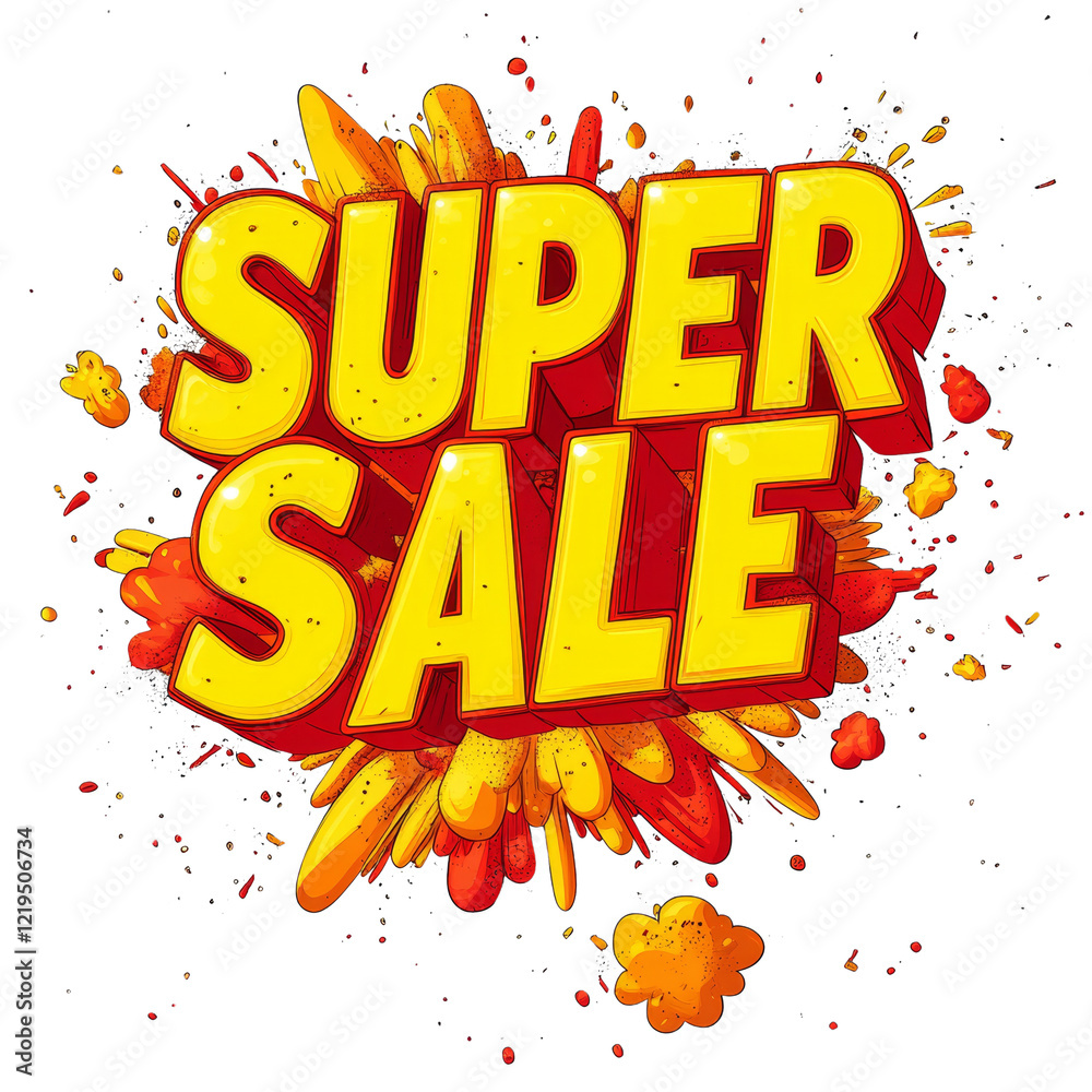 Poster a vibrant graphic announcing a super sale with bold yellow and red lettering in an explosive design.