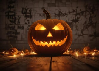 Fototapeta premium Glowing Halloween text on illuminated pumpkin background, seasonal glow, autumn festivities, holiday decoration