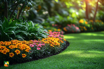 Vibrant flowerbed border adorns lush green lawn