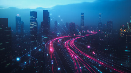 Fototapeta premium Smart digital Innovation city with connection network reciprocity over the twilight cityscape. of future smart wireless digital city and social media networking systems that connects people with city 