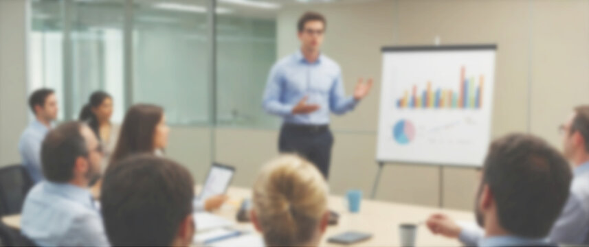 Blurred background of a professional delivering a training session to office staff using visual aids and slides, wide