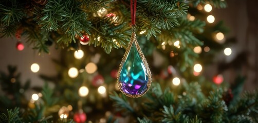 Glass teardrop pendant hanging from the Christmas tree garland , pendant, sparkly