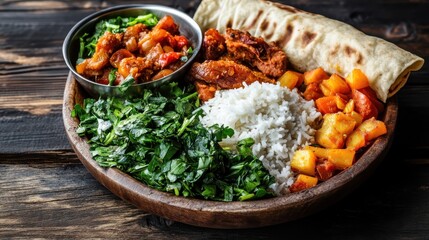 A vibrant plate featuring fluffy rice alongside seasoned chicken and a variety of colorful vegetables, celebrating the richness of culinary traditions and home-cooked meals.