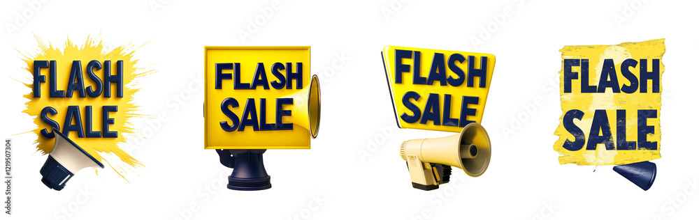 Poster four variations of a flash sale announcement graphic with megaphones, emphasizing urgency and discou