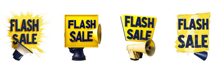 Four variations of a flash sale announcement graphic with megaphones, emphasizing urgency and discounts.
