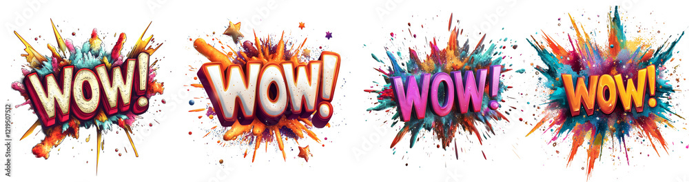Poster four vibrant wow exclamations are depicted within colorful paint splatter explosions against a black