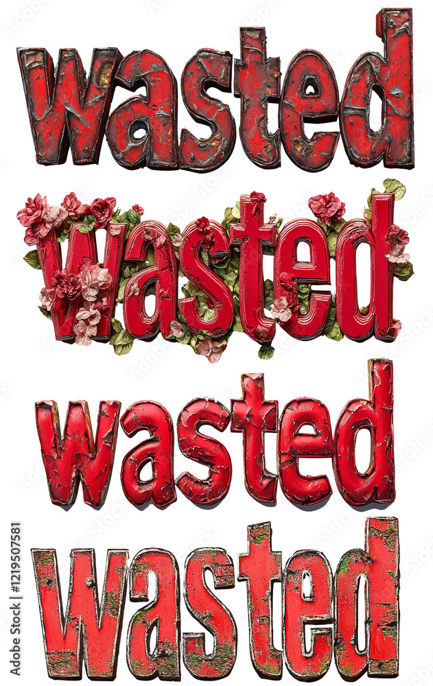 Poster The image shows four variations of the word wasted presented in different styles, one with flowers and others with rusted textures.