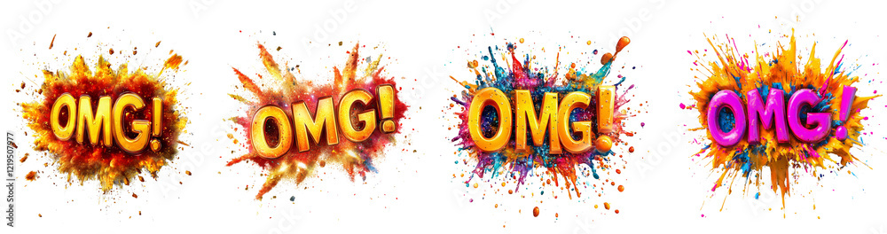 Poster The image depicts four vibrant paint explosions with the letters OMG in various colors and styles.