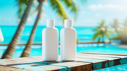 Obraz premium Two blank white empty sunscreen bottles mockup on wooden surface, cosmetic product advertising template swimming pool with palm trees blurred background.