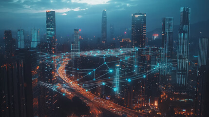 Fototapeta premium Smart digital Innovation city with connection network reciprocity over the twilight cityscape. of future smart wireless digital city and social media networking systems that connects people with city 