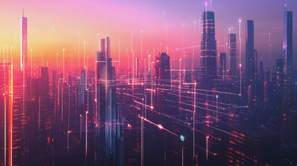 Obraz premium Smart digital Innovation city with connection network reciprocity over the twilight cityscape. of future smart wireless digital city and social media networking systems that connects people with city 