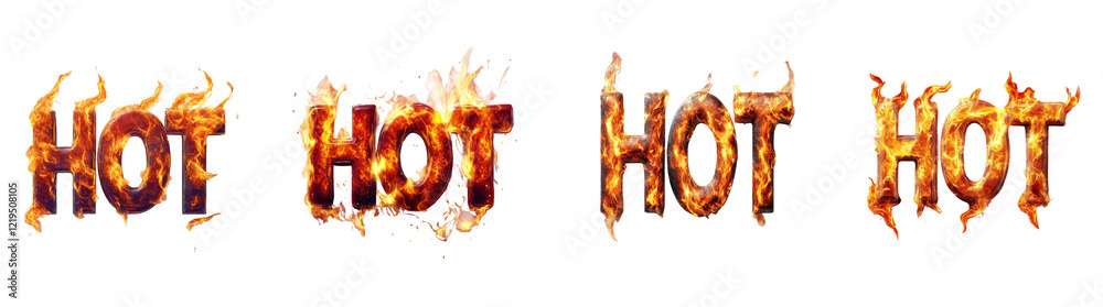 Poster The image displays four variations of the word HOT rendered in a fiery style with flames encompassing the letters.