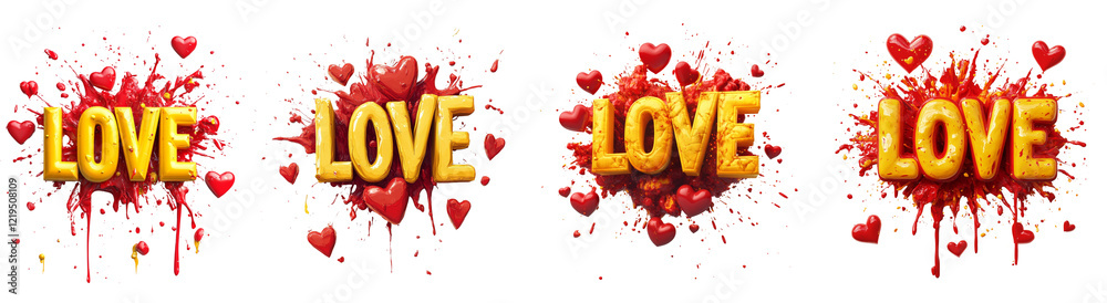 Poster the image showcases four stylized yellow love words set against a backdrop of red paint splashes and