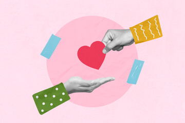 Donate, blood,valentines day, love, donation concept. Creative art collage of hand putting red paper heart and passes it to the other hand