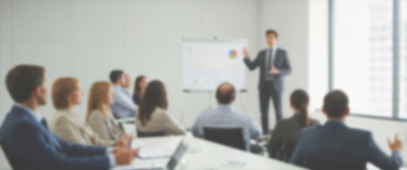 Blurred background of a corporate employee giving a dynamic sales pitch to colleagues in a well-lit conference room, wide
