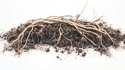 Close-up of unearthed plant roots and soil against a white background