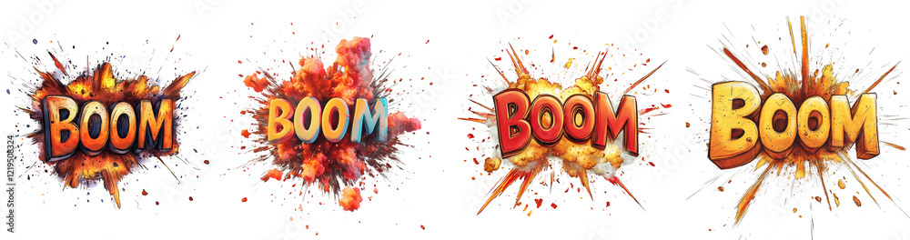 Poster The image displays four dynamic comic-style boom explosions each featuring unique color palettes and visual effects.