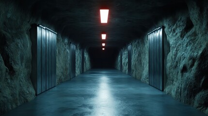 A striking illuminated hallway set within a dim rock tunnel evokes feelings of isolation and anticipation, compelling one to explore its dark recesses and unknown pathways.
