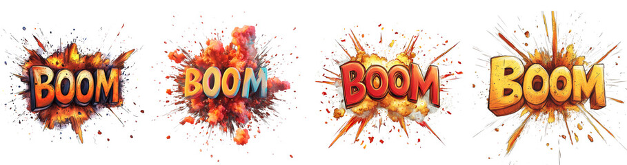 The image displays four dynamic comic-style boom explosions each featuring unique color palettes and visual effects.